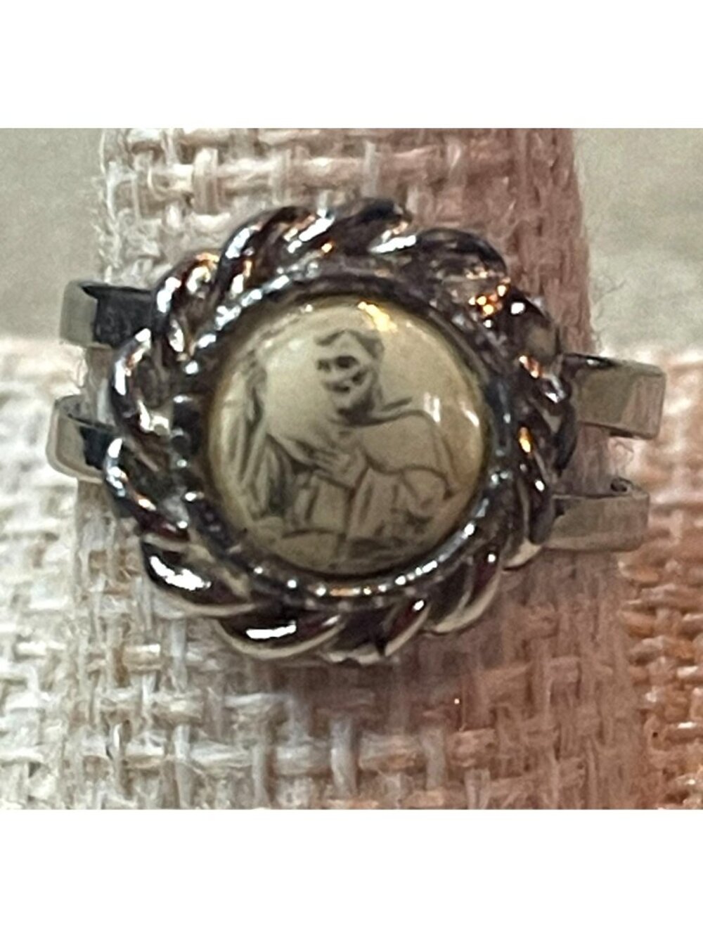 Vintage Style Catholic Patron Saint Illustrative Cabochon Split Shank Ring Adjus